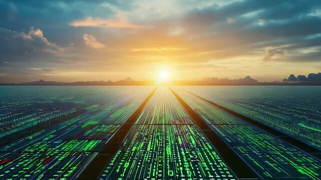 A stunning landscape unfolds with rows of solar panels covered with binary code leading to a bright sunset