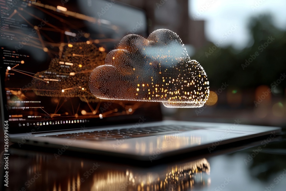 Poster The laptop is linked to a cloud-based digital storage system with an edge computing image in the background