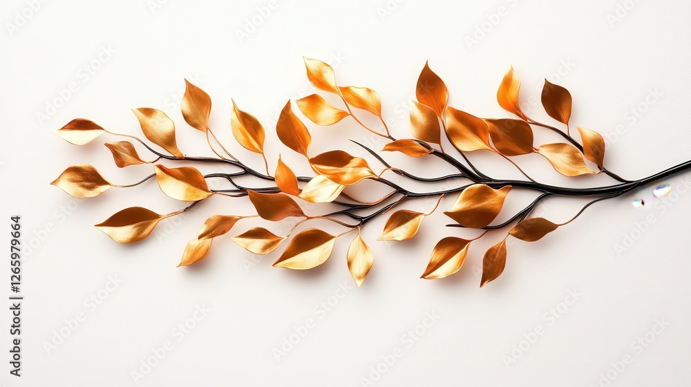 Poster an elegantly designed branch with golden leaves rests on a clean white surface, capturing a delicate
