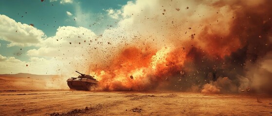 Epic War Scene of Armored Tank Crossing Desert Minefield with Explosions and Fire for Action Movie Poster Design
