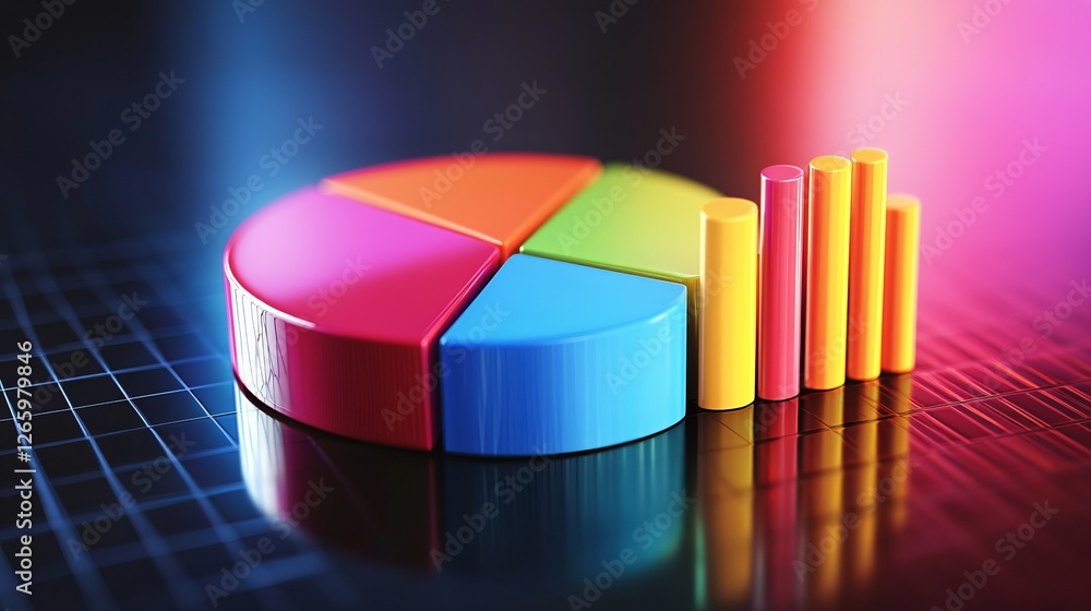 Poster colorful pie chart and bar graph displaying business analytics. financial diagram for reports and pr