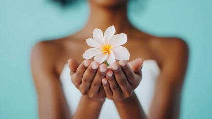 Serenity and balance: close up of a flower gently held on open palms