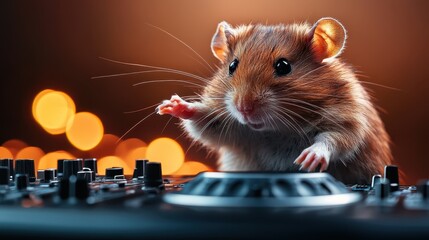 A vibrant hamster engaged in an energetic music creation session at a DJ console, embodying excitement and artistic creativity under colorful lights.