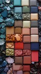 Fototapeta premium Colorful collection of mineral-inspired eyeshadow palettes displayed on textured stone background