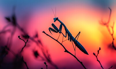 A Praying Mantis stands prominently against the vivid sunset colours, perched on a thin branch