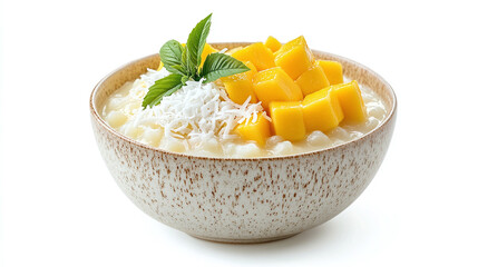 Bowl with tapioca pudding with diced mangoes and shredded coconut, isolated on a white background, food bundle.