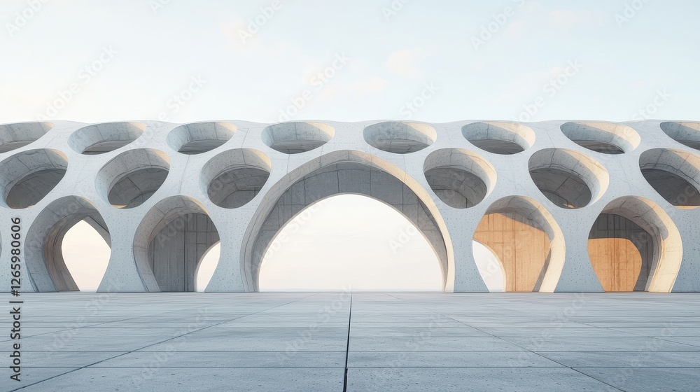 Poster a modern architectural structure featuring multiple arches and circular openings, set against a sere