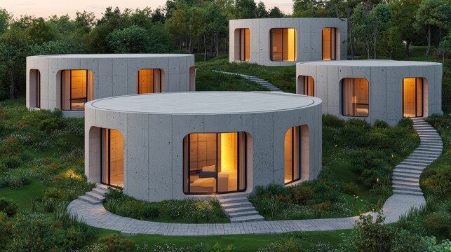 Modern circular homes nestled in greenery, featuring large windows and warm lighting, connected by a winding stone pathway.