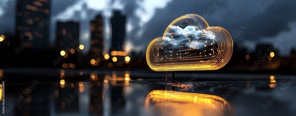 Poster image of cloud computing and digital data transfer with networked computing across cities, country, 