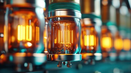 An elegant glass vacuum tube with a warm glowing filament is presented against a mesmerizing background, highlighting its intricate details and nostalgic appeal.