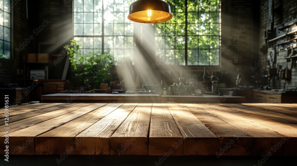 Poster a well-lit workshop adorned with greenery, showcasing sunlight streaming in through large windows an