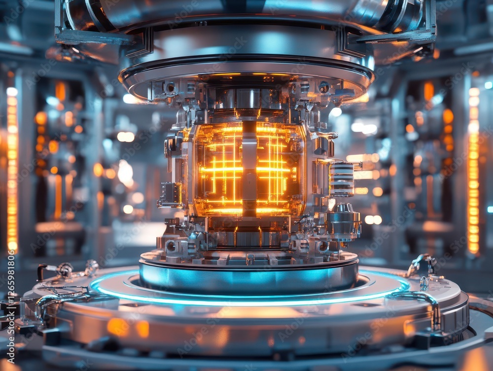 Poster fusion energy reaction core illuminated within a futuristic laboratory setting