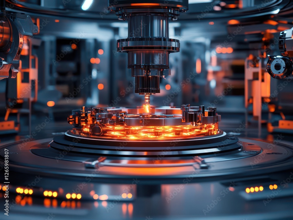 Poster fusion energy reaction core illuminated within a futuristic laboratory setting