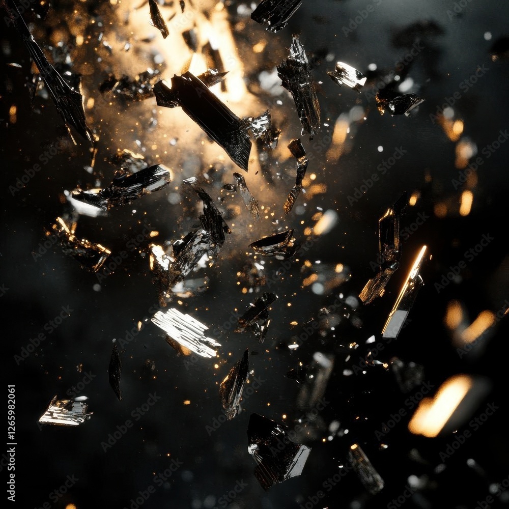 Poster futuristic ai-generated debris floating against a dark background with dust particles