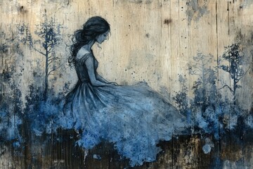 A melancholic woman in a flowing blue dress sits amidst a misty, blue-toned forest.