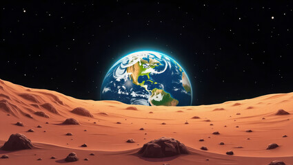 View from Mars showing Earth in the distance under a starry sky