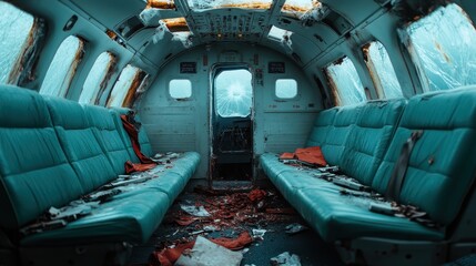 Fototapeta premium An interior of an abandoned airplane cabin, echoing melancholy through its damaged structure and ominous atmosphere, reflecting lost journeys and forgotten stories.