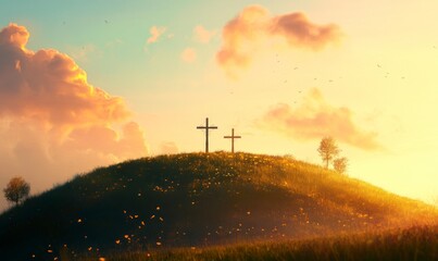 Three crosses on the hill, Easter, a beautiful sky, cinematic, realistic, warm colors.