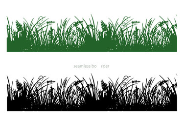 Vector black grass silhouette seamless border, Flowers and grass border nature design, horizontal banners of meadow silhouettes with grass and flowers, meadow scene landscape. 
