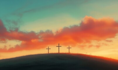 Three crosses on the hill, Easter, a beautiful sky, cinematic, realistic, warm colors.