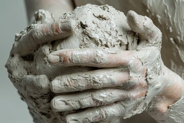 Hands covered in grey clay, molding a sphere, showcasing the process of pottery creation.