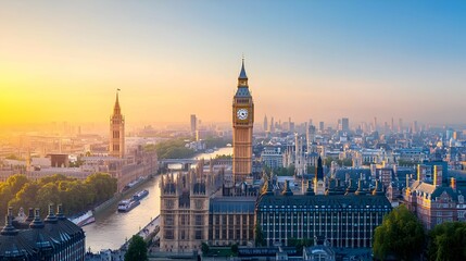 Obraz premium London Cityscape at Sunrise: Panoramic View of Iconic Towers and River