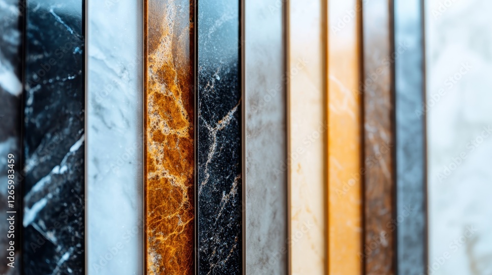 Poster a vibrant display of marble slabs in various colors showcasing their unique textures and patterns, i