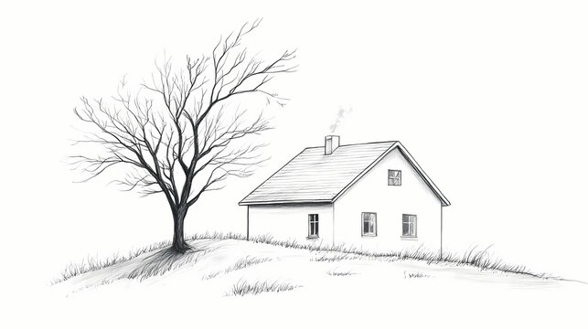 A simple sketch of a white saltbox style house with a sloped roof, situated on a grassy hill. a bare tree stands next to the house, adding to the serene landscape. Burning Ice Cathedrals. Illustration