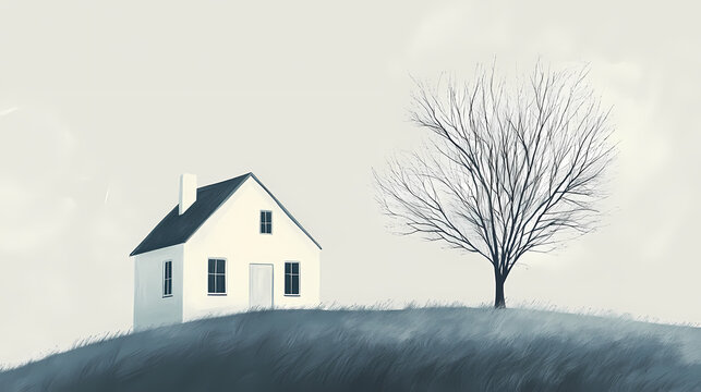 A simple sketch of a white saltbox style house with a sloped roof, situated on a grassy hill. a bare tree stands next to the house, adding to the serene landscape. Burning Ice Cathedrals. Illustration