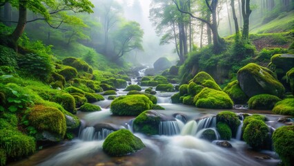 Misty Mountain Stream: Winding Water, Foggy Landscape, High-Resolution Stock Photo
