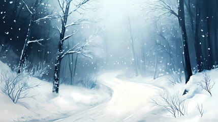 A snowy road through a quiet forest, the branches of the trees drooping under the weight of the snow, with the road disappearing into the white distance. Burning Ice Cathedrals. Illustration