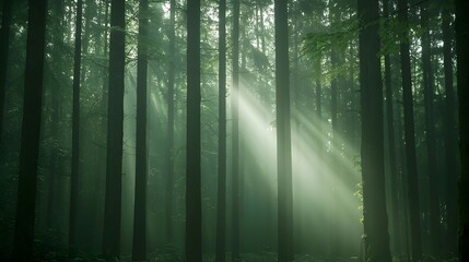 Naklejka premium Sunlit Foggy Forest: Green Trees and Sunlight Beams