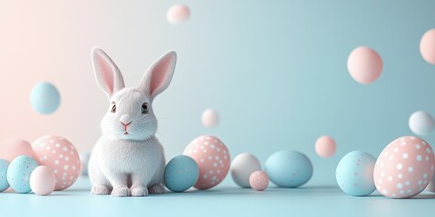 Cute white rabbit surrounded by colorful Easter eggs in a pastel-themed setting for spring celebrations