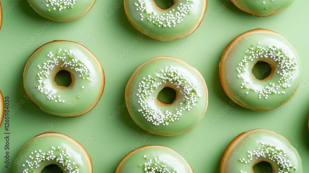 Poster an overhead view of neatly arranged green frosted donuts highlighted by white sprinkles, creating a 
