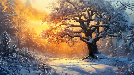 Naklejka premium A winter landscape features an old and beautiful tree covered in snow, bathed in the warm glow of sunset during golden hour. Burning Ice Cathedrals. Illustration