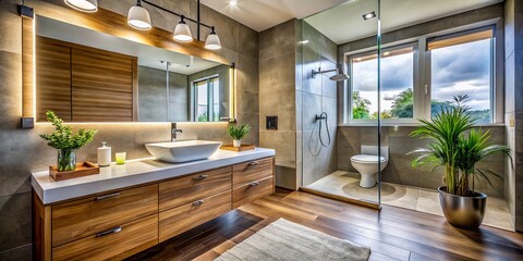 Modern Bathroom Interior: Aerial View of Wooden Vanity, Shower, Sink & Mirror
