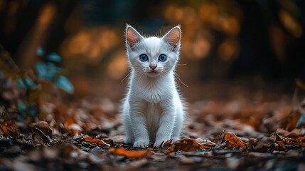 Obraz premium White kitten autumn leaves forest portrait pet