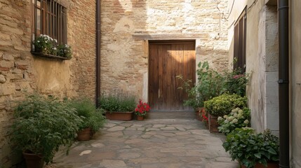 Naklejka premium Italian courtyard garden, plants, doorway, sunlit, quiet, peaceful, vintage, tranquil, possible use in decor or travel publications