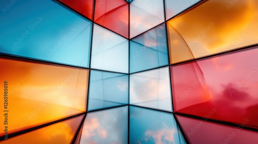 Poster an imaginative view of colorful glass architecture. the vibrant hues provide a captivating interplay