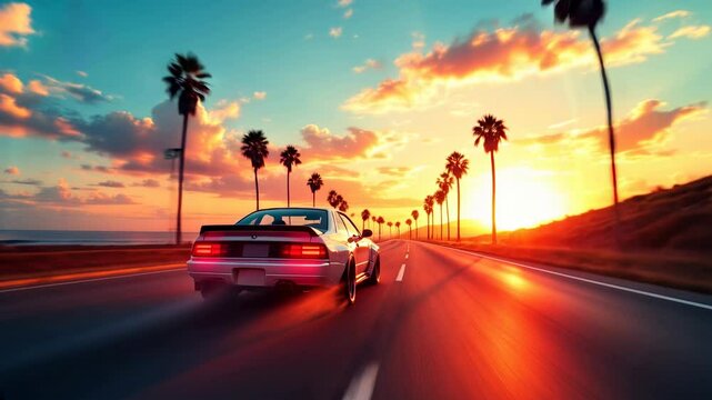 Retro car drives along tropical coast at sunset. Retro-futuristic landscape with palm trees, beach, auto on highway at rising sun. Vivid neon retrowave, synthwave, vaporwave footage. Travel concept.