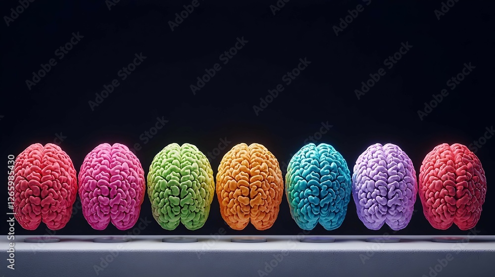 Poster row of colorful pixelated 3d brains on gray surface