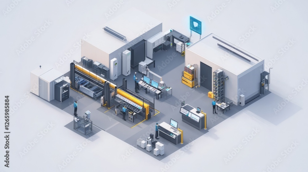 Poster isometric view of a modern factory floor with workers and advanced machinery. emphasizes precision a