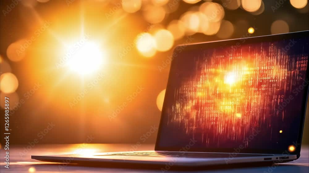 Poster a laptop with a visually striking display, illuminated by bright, warm lights in a blurred backgroun