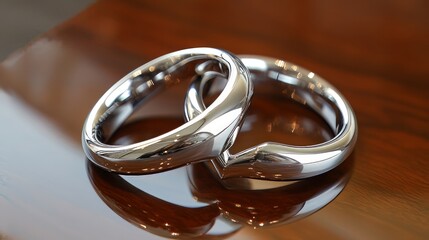Elegant Silver Wedding Bands Symbolizing Commitment And Love, Reflected On A Wood Surface.