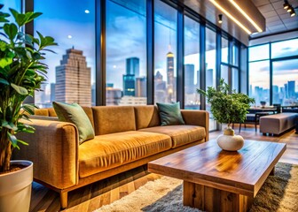 Modern Co-working Space: Overstuffed Sofas, Standing Desks & City Skyline View