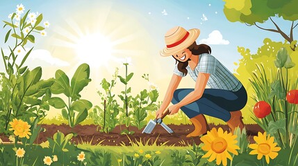 Happy Woman Tending Her Vibrant Garden Under Sunny Skies