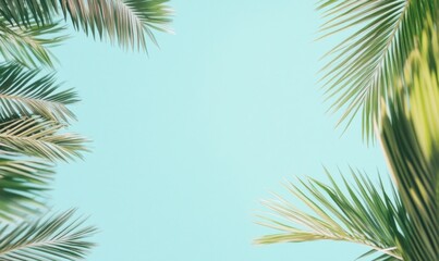 Naklejka premium Summer background with palm leaves and sandy beach, blue sky, banner for vacation travel poster or template design. Copy space