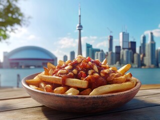 Enjoying a delicious plate of poutine with a city skyline view near the waterfront