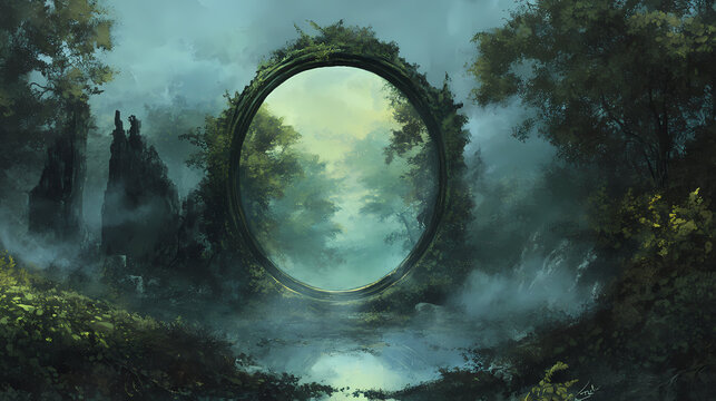Enchanted mirror reflecting mystical forest with fog in a serene landscape, invoking a sense of wonder and exploration in a dreamy atmosphere. Mirror Realm Explorers. Illustration