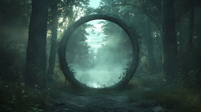 Enchanted mirror reflecting mystical forest with fog in a serene landscape, invoking a sense of wonder and exploration in a dreamy atmosphere. Mirror Realm Explorers. Illustration